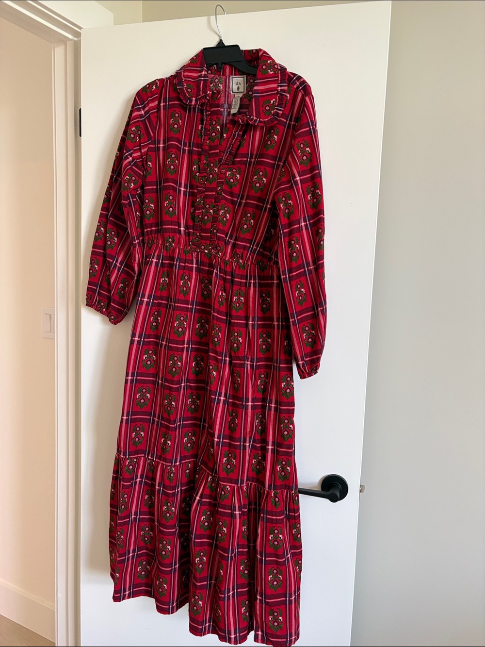 Red Plaid Floral Maxi Dress with Ruffle Detail